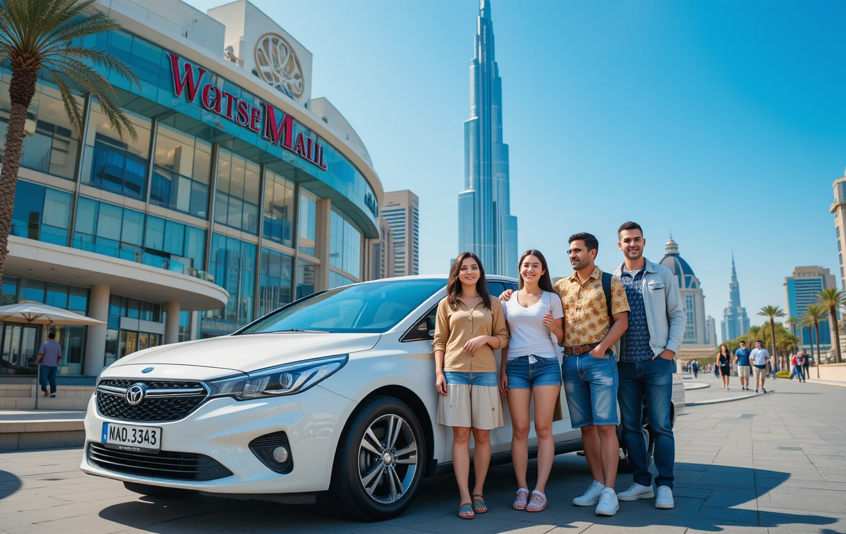 Tourist family with a rental car in front of Dubai Mall and Burj Khalifa, representing Affordable Car Rental Dubai by SKYE VIP CAR RENTAL