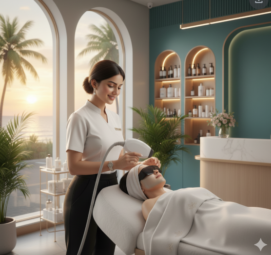 Cosmetologist performing facial treatment on client