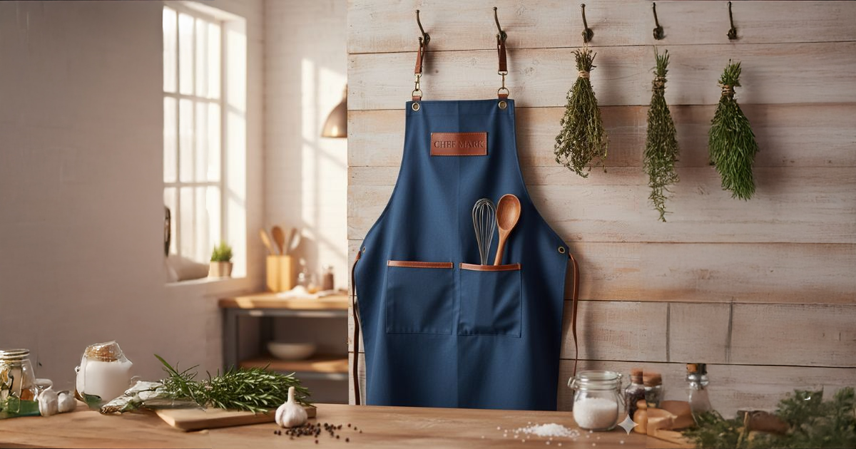 A blue kitchen apron labeled "CHEF MARK" is hanging on a light wooden wall. The apron has two front pockets, holding a wooden spoon and a whisk. Next to the apron, bundles of dried herbs hang from hooks. In the foreground, there is a kitchen counter with ingredients such as fresh rosemary, garlic, peppercorns, and jars of salt, surrounded by soft, natural light from a large window.
