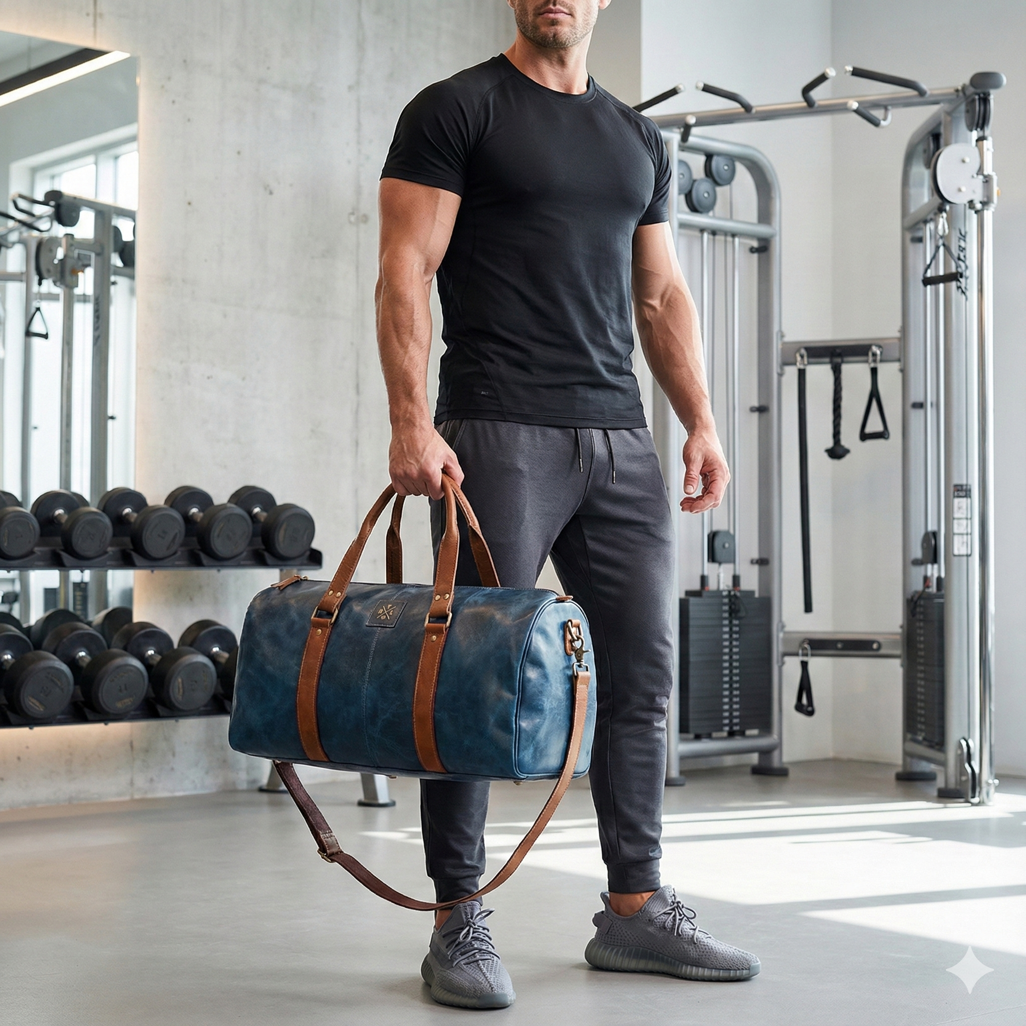 Fit gym man holding a blue leather duffle bag with brown straps inside a modern fitness studio showcasing a stylish and premium workout look.