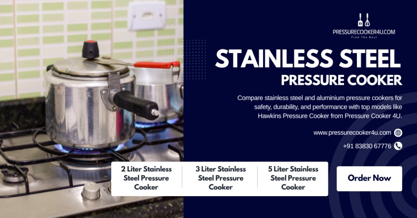 A stainless steel pressure cooker heating on a gas stove beside promotional text showcasing stainless steel pressure cooker sizes and a call-to-action from Pressure Cooker 4U.