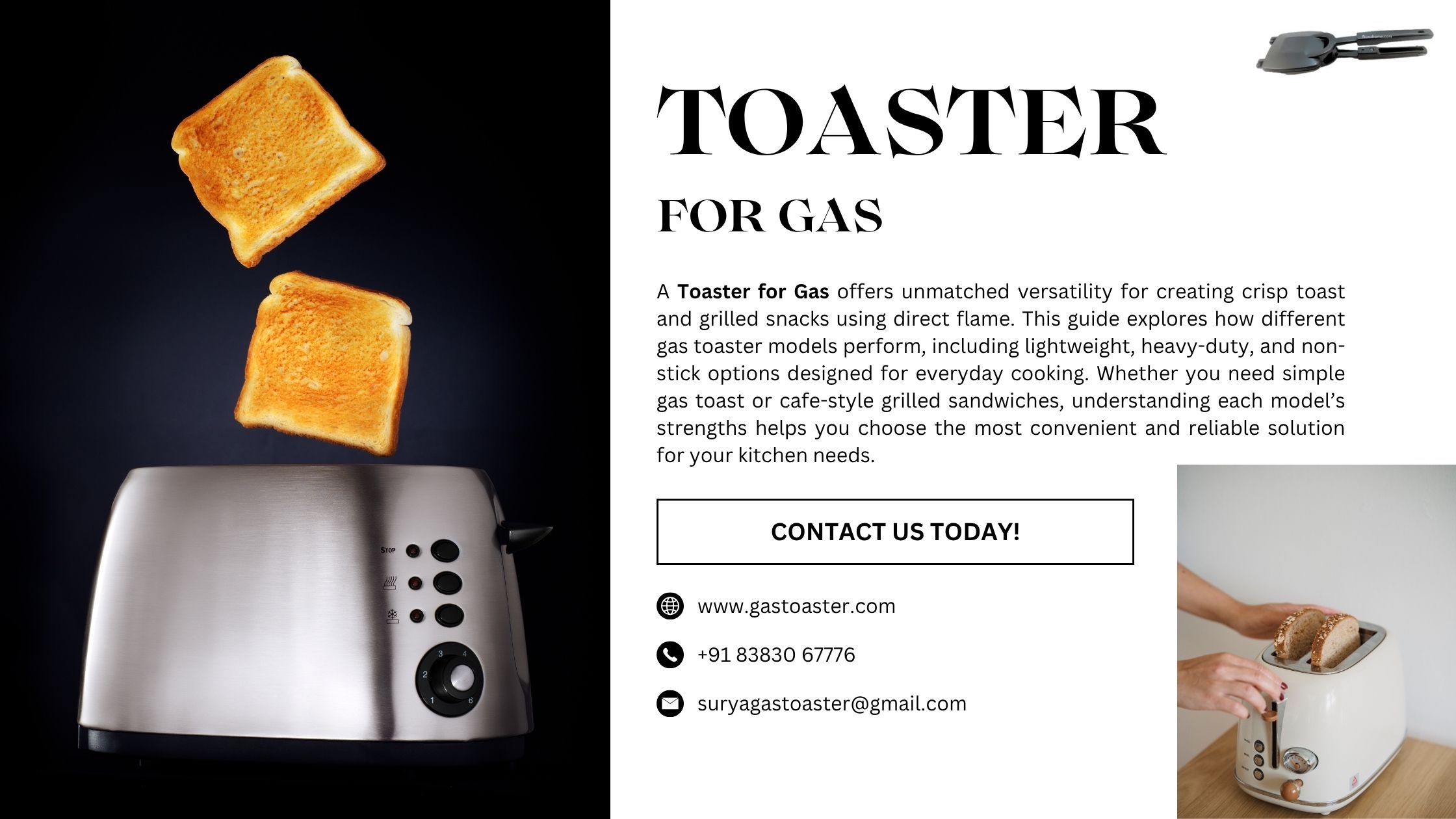 A stainless steel toaster launching two slices of toast into the air, with a promotional layout describing toaster for gas features and contact details.