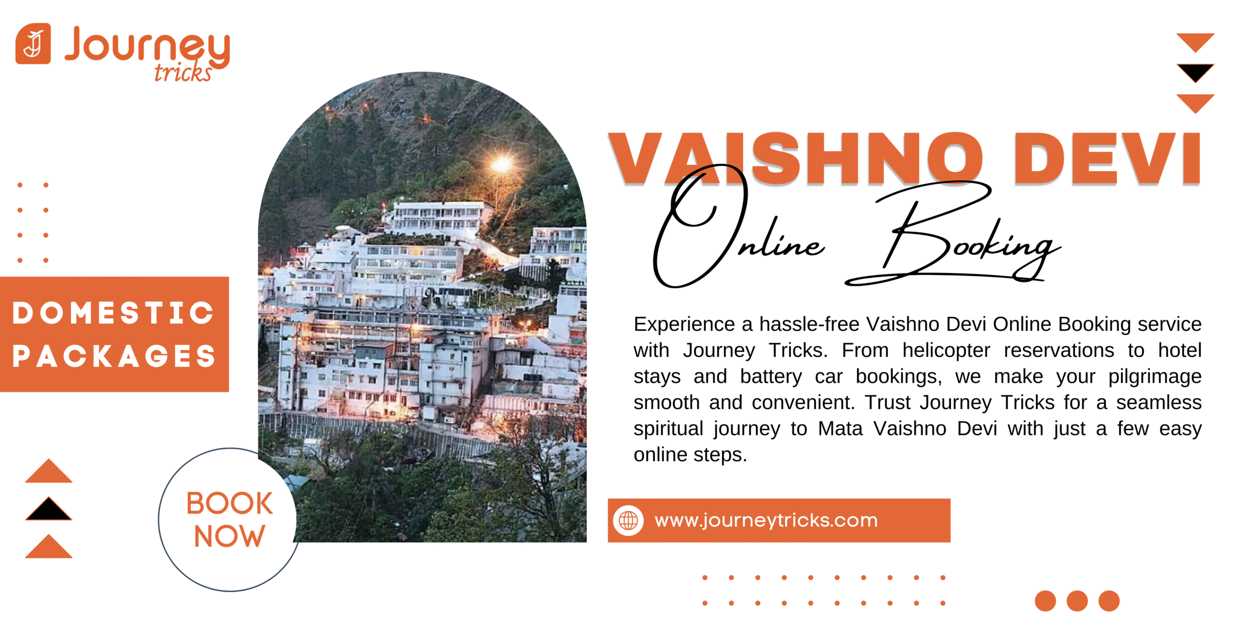Promotional banner for Journey Tricks showcasing Vaishno Devi Online Booking services with an image of the Vaishno Devi Bhawan and booking highlights.