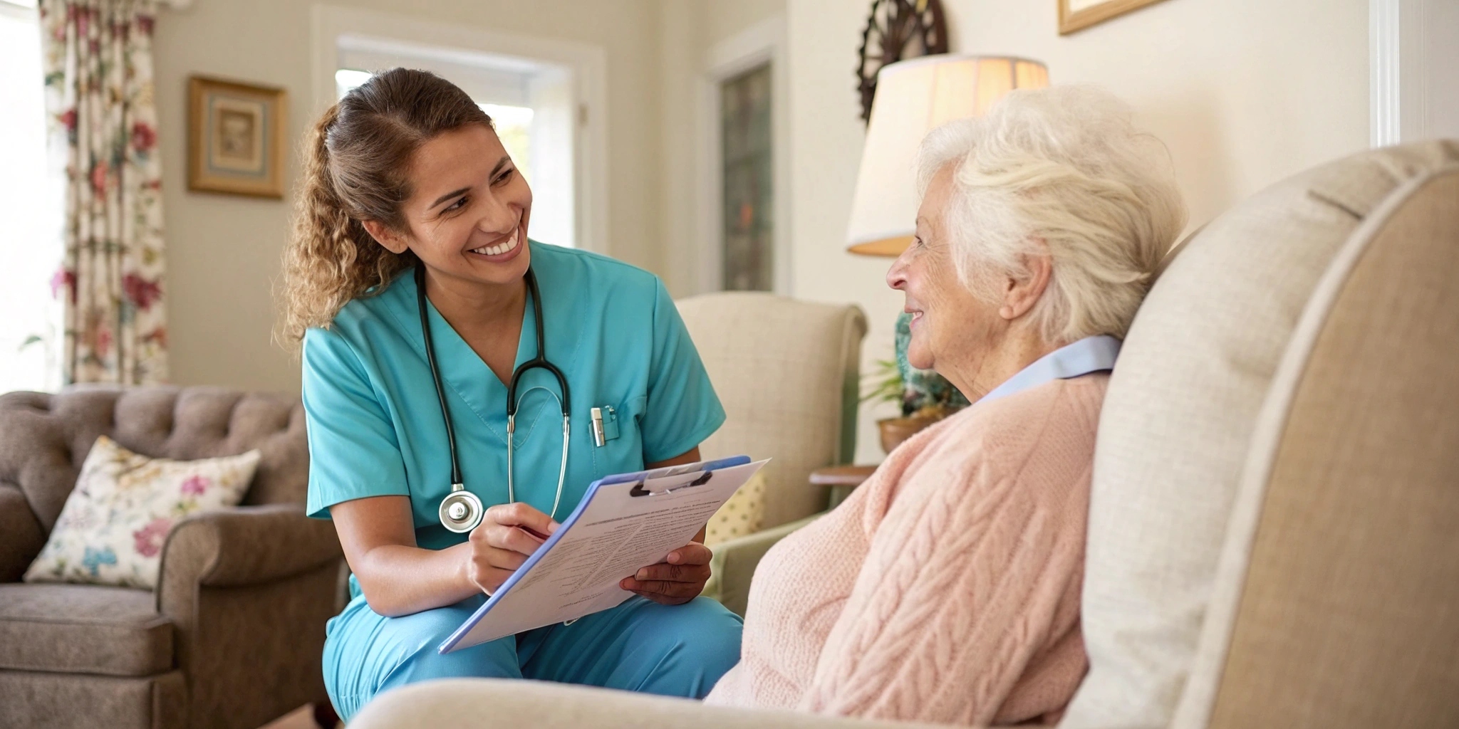 A smiling healthcare worker in teal scrubs sits with an older woman in a living room, holding a clipboard and engaging her in a friendly conversation.