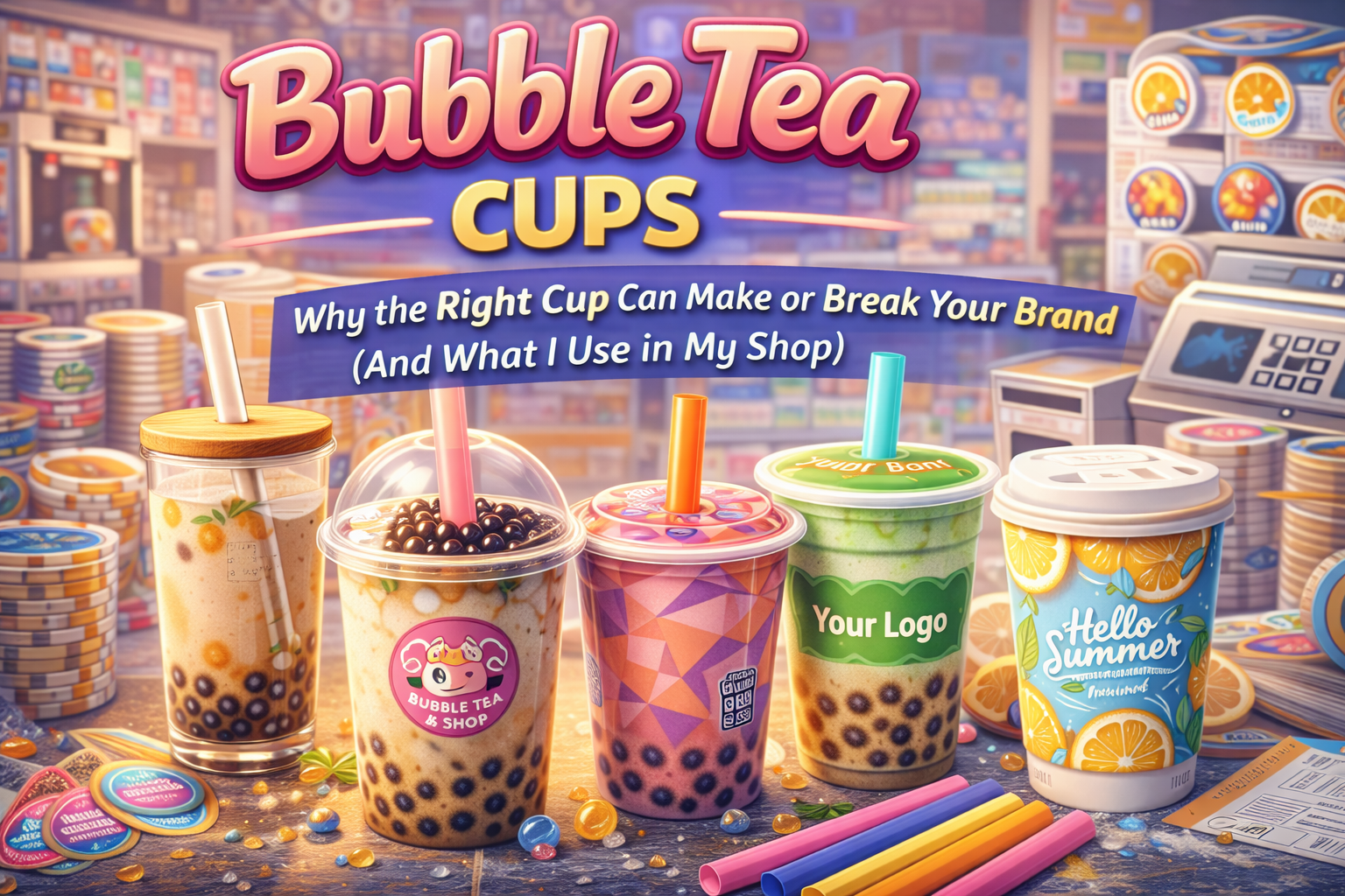 A vibrant illustration of a smiling bubble tea manufacturer in a production facility, holding a box of supplies with cups of bubble tea, jars of tapioca pearls, syrups, and sealing films in the foreground, symbolizing large-scale production and brand growth.