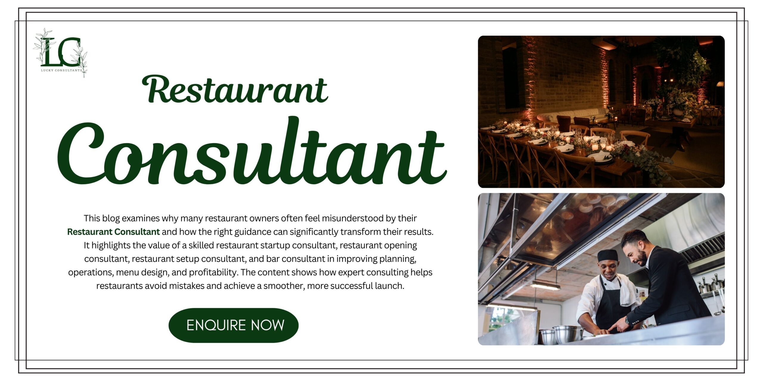 Restaurant Consultant banner featuring a dining setup, kitchen consulting scene, and text explaining expert restaurant consulting services.