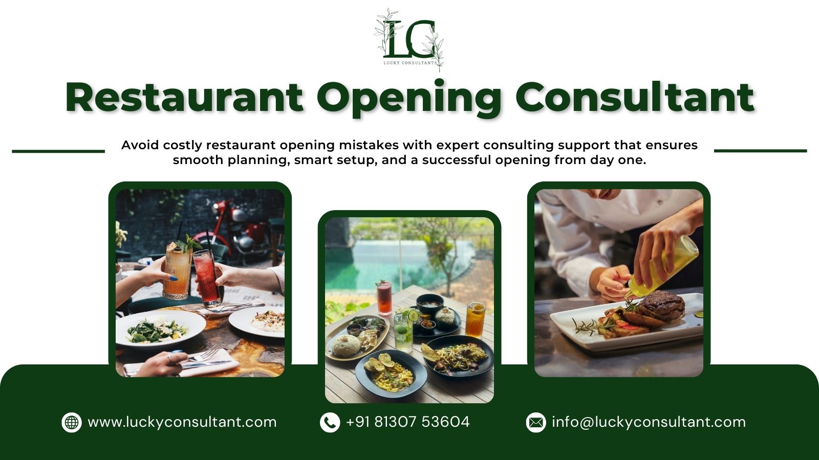 Restaurant Opening Consultant banner showcasing expert restaurant setup, food presentation, and successful launch support by Lucky Consultant