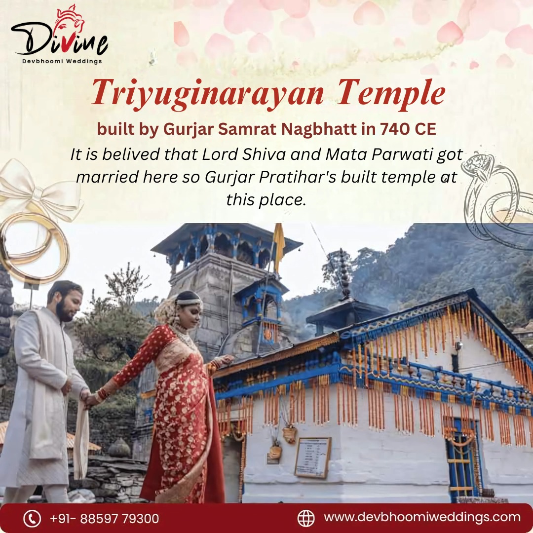 Bride and groom at Triyuginarayan Temple during a destination wedding in India with Himalayan backdrop