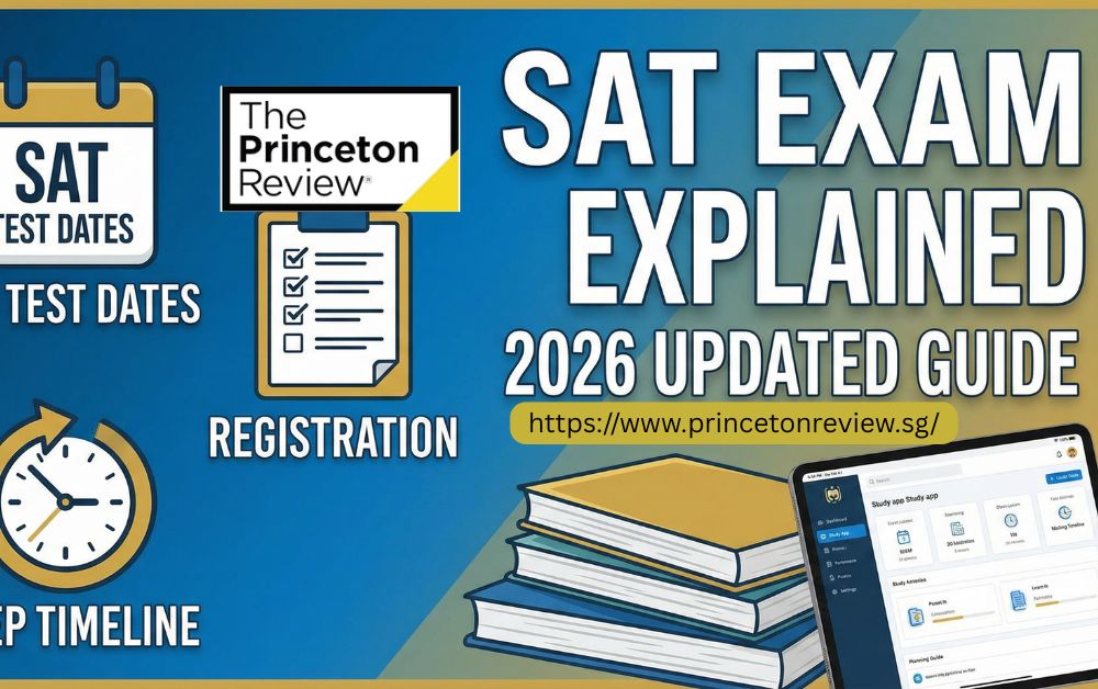 Informational graphic titled 'SAT Exam Explained: 2026 Updated Guide' featuring the Princeton Review logo, a stack of books, a clock, and a tablet displaying a study app. Keywords like 'Test Dates,' 'Registration,' and 'Prep Timeline' are highlighted. URL link to princetonreview.sg is included. Tone is educational and informative.