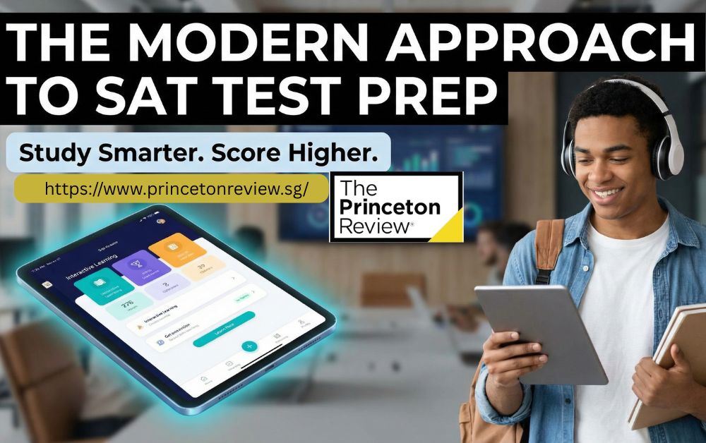 Image of a Smiling student with headphones and tablet in a modern classroom. Text: "The Modern Approach to SAT Test Prep." Features The Princeton Review logo