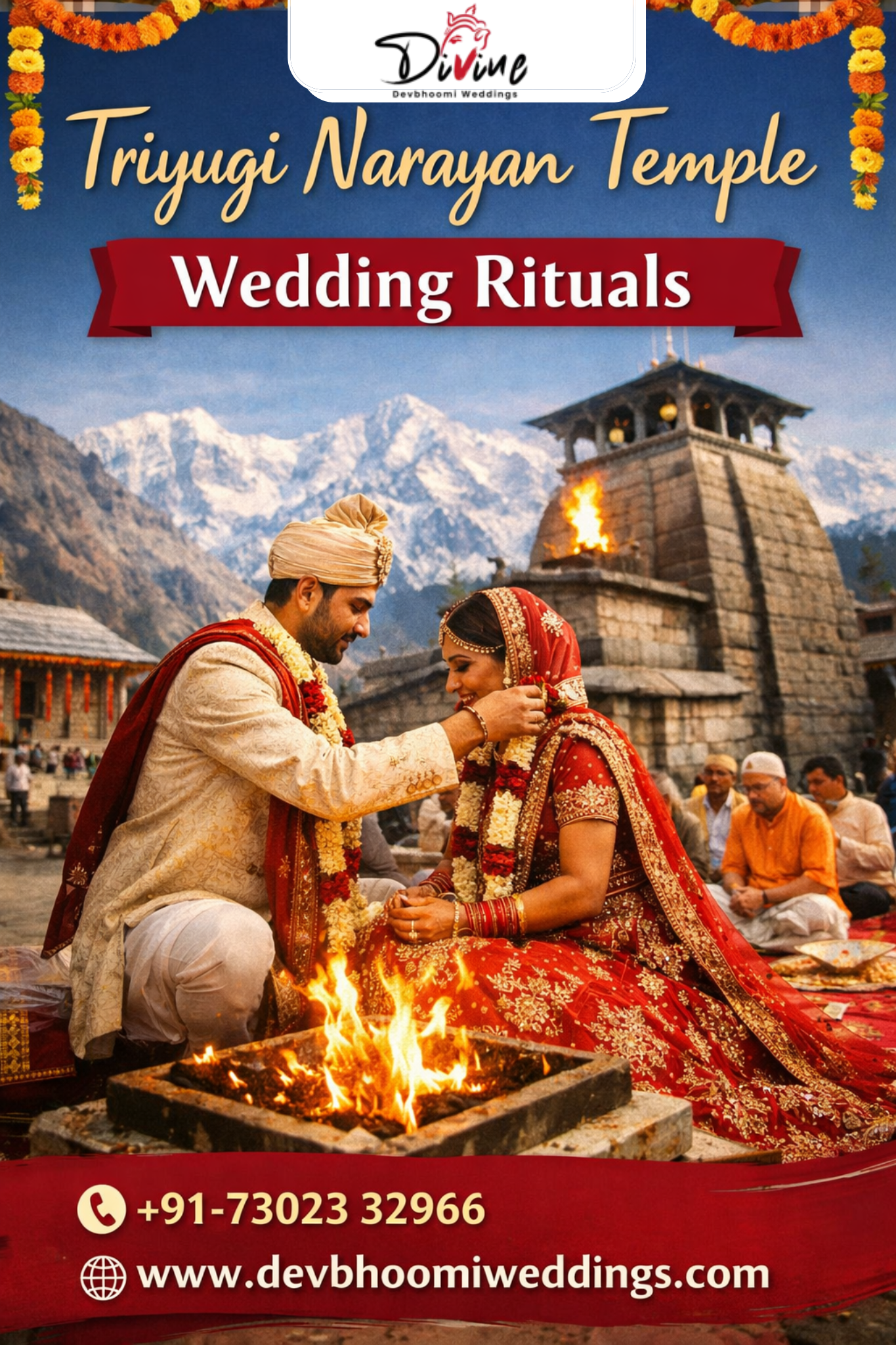 Front view of Triyugi Narayan Temple surrounded by Himalayan mountains