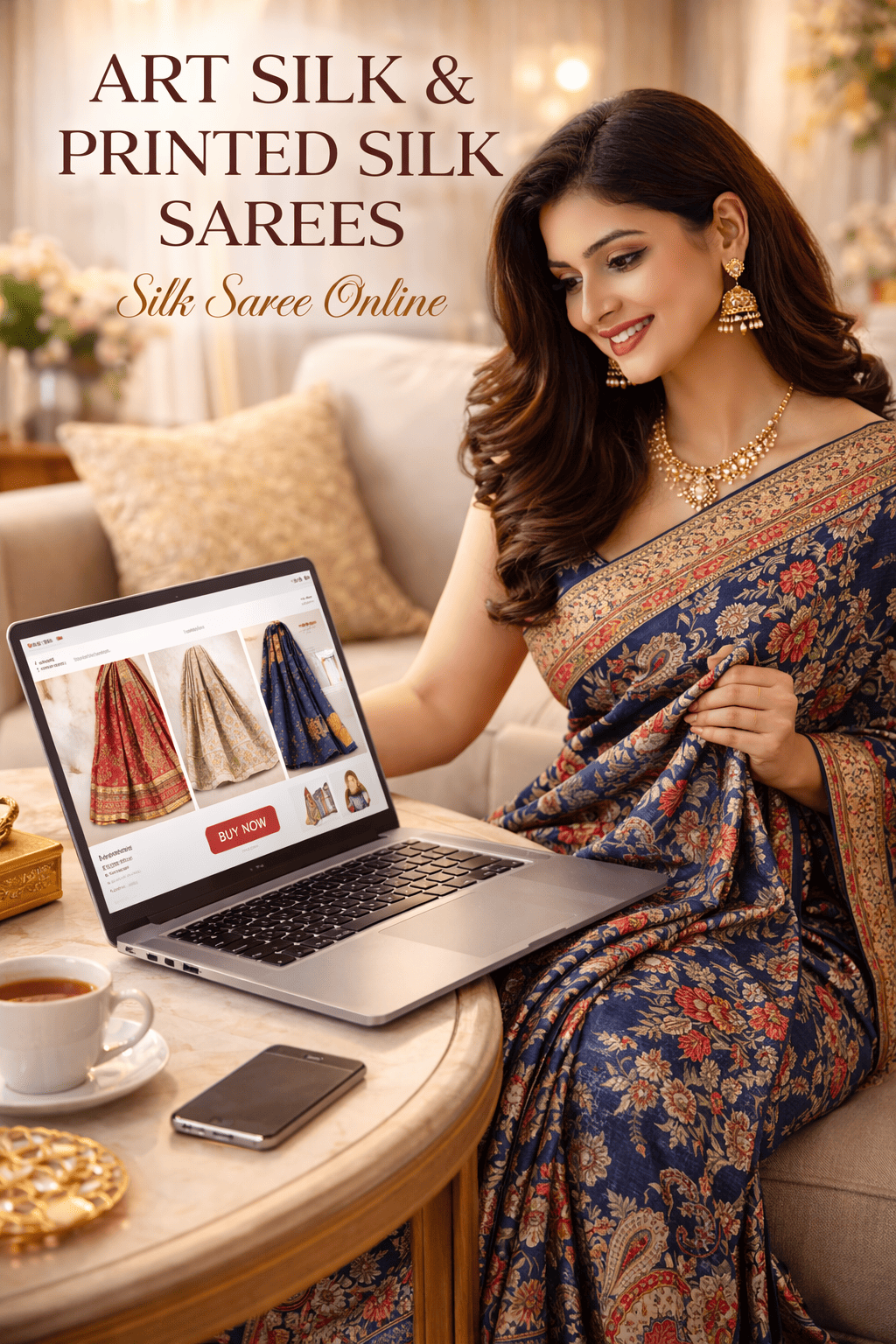 Woman wearing art silk saree with printed silk design while shopping silk saree online