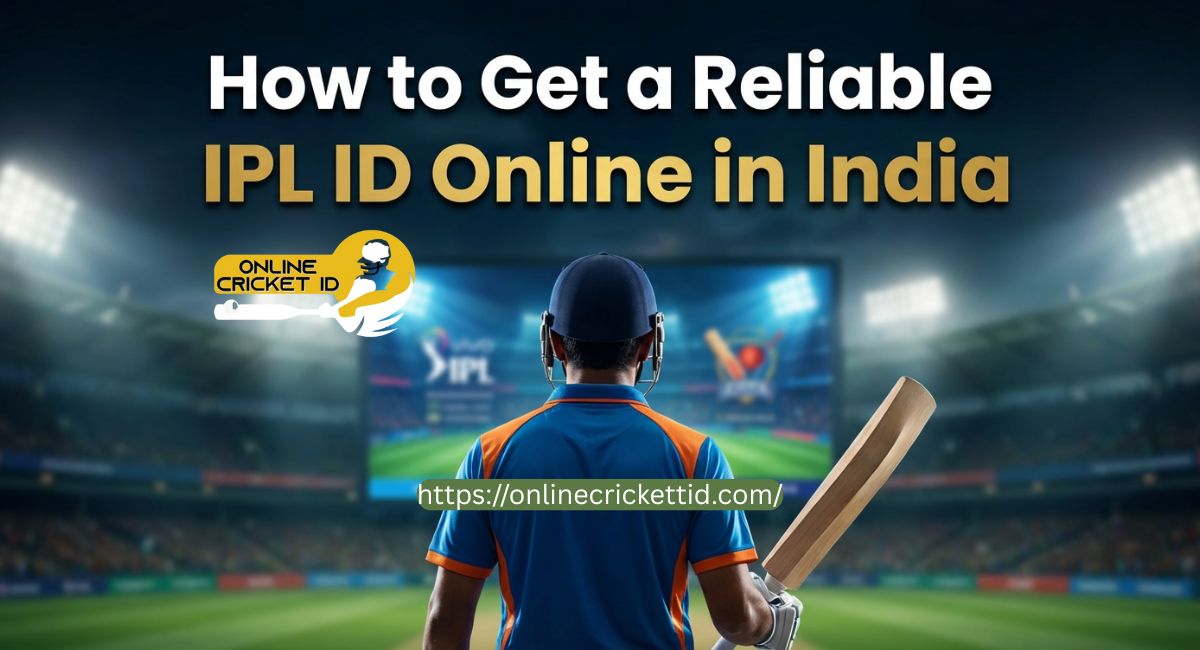 A cricket player in a stadium stands with a bat, facing the field. The text reads, "How to Get a Reliable IPL ID Online in India." The scene is vibrant and action-focused