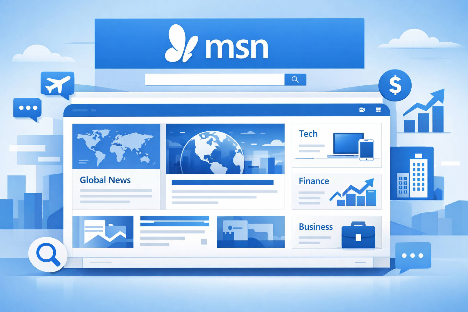 Modern digital illustration of MSN (Microsoft Network) showing a clean news dashboard with global headlines, technology, finance, and business sections in a blue and white Microsoft-style design.