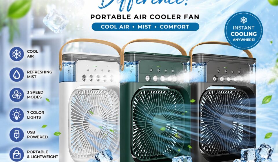 portable air cooler, mini air cooler fan, USB air cooler, cooling mist fan, portable cooling device, personal air cooler, eco-friendly cooler, USB mist fan for desk, Mini air cooler fan, Personal cooling device, Best mini fan with mist, MysticWrap cooling fan